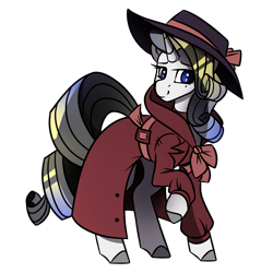 Size: 1050x1050 | Tagged: safe, artist:crimmharmony, imported from derpibooru, oc, oc only, oc:shadow spade, pony, unicorn, fallout equestria, fallout equestria: kingpin, sparkle's seven, beauty mark, blank, blank of rarity, blue eyes, clothes, coat, commissioner:genki, detective, detective rarity, hat, horn, justice mare, lawbringer, not rarity, simple background, solo, standing, transparent background, trenchcoat, unicorn oc