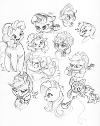 Size: 2451x3096 | Tagged: safe, artist:dilarus, deleted from derpibooru, imported from derpibooru, apple bloom, applejack, fluttershy, pinkie pie, rainbow dash, sweetie belle, twilight sparkle, alicorn, earth pony, unicorn, ..., applejack's hat, beanbrows, boop, chubby, cowboy hat, dialogue, eyebrows, female, filly, floppy ears, freckles, glasses, hat, mare, monochrome, noseboop, open mouth, pudgy pie, simple background, traditional art, white background