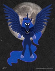Size: 720x937 | Tagged: safe, artist:texasuberalles, imported from derpibooru, princess luna, alicorn, pony, ethereal mane, female, flying, glowing eyes, jewelry, lineless, mare, moon, regalia, solo, spread wings, wings