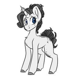 Size: 1050x1050 | Tagged: safe, artist:crimmharmony, imported from derpibooru, oc, oc only, oc:shadow spade, pony, unicorn, fallout equestria: kingpin, beauty mark, blank, blank flank, blank of rarity, commissioner:genki, horn, justice mare, lawbringer, not rarity, shy, simple background, solo, spots, translucent, transparent background, unicorn oc