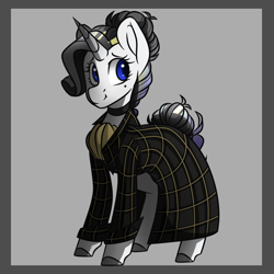 Size: 1050x1050 | Tagged: safe, artist:crimmharmony, imported from derpibooru, oc, oc only, oc:shadow spade, pony, unicorn, fallout equestria, fallout equestria: kingpin, beauty mark, blank, blank of rarity, blue eyes, choker, clothes, commissioner:genki, gray background, horn, justice mare, lawbringer, ministry of image, not rarity, shading, shy, simple background, smiling, solo, trenchcoat, unicorn oc