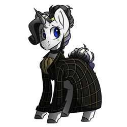 Size: 1050x1050 | Tagged: safe, artist:crimmharmony, imported from derpibooru, oc, oc only, oc:shadow spade, pony, unicorn, fallout equestria, fallout equestria: kingpin, beauty mark, blank, blank of rarity, blue eyes, choker, clothes, commissioner:genki, horn, justice mare, lawbringer, ministry of image, not rarity, shading, shy, simple background, smiling, solo, translucent, transparent background, trenchcoat, unicorn oc