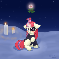 Size: 2000x2000 | Tagged: safe, artist:kumakum, imported from derpibooru, moondancer, pony, unicorn, blushing, candle, christmas, clothes, cute, dancerbetes, ear fluff, featured image, female, floppy ears, glasses, glowing, glowing horn, hair accessory, high res, holiday, holly, holly mistaken for mistletoe, horn, levitation, looking at you, magic, magic aura, mare, meganekko, mistleholly, night, outdoors, outline, raised hoof, sitting, smiling, smiling at you, snow, solo, stars, sweater, taped glasses, telekinesis, turned head
