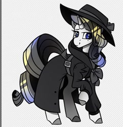 Size: 496x512 | Tagged: safe, artist:crimmharmony, edit, imported from derpibooru, oc, oc only, oc:shadow spade, pony, unicorn, fallout equestria, fallout equestria: kingpin, beauty mark, blank, blank of rarity, blue eyes, clothes, commissioner:genki, detective, horn, justice mare, lawbringer, noir, not rarity, shading, shy, simple background, smiling, solo, transparent background, trenchcoat, unicorn oc