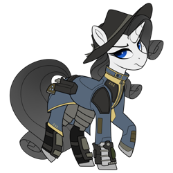 Size: 437x437 | Tagged: safe, artist:crimmharmony, imported from derpibooru, oc, oc only, oc:shadow spade, pony, unicorn, fallout equestria, fallout equestria: kingpin, armor, armored legs, beauty mark, blank, blank of rarity, blue eyes, clothes, commissioner:genki, fanfic, fanfic art, fedora, female, gun, handgun, hat, hooves, horn, jumpsuit, justice mare, lawbringer, mare, not rarity, pipboy, pipbuck, raised hoof, revolver, shoes, simple background, solo, stable 232, transparent background, unicorn oc, vault suit, weapon