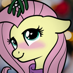 Size: 2100x2100 | Tagged: safe, artist:lannielona, imported from derpibooru, fluttershy, pony, blushing, clothes, cute, female, heart eyes, looking at you, mare, mistletoe, shyabetes, solo, sweater, sweatershy, wingding eyes