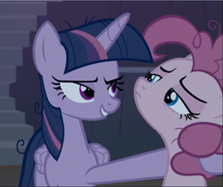Size: 1117x940 | Tagged: safe, imported from derpibooru, screencap, mean pinkie pie, mean twilight sparkle, twilight sparkle, alicorn, the mean 6, clone, cropped, duo, female, hoof around neck, lidded eyes, looking at each other, narrowed eyes, smiling, twilight sparkle (alicorn)