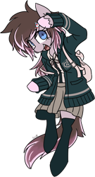 Size: 1280x2372 | Tagged: safe, artist:spheedc, imported from derpibooru, oc, oc only, oc:carnation sunset, semi-anthro, backpack, bipedal, chiaki nanami, clothes, commission, cosplay, costume, cute, danganronpa, danganronpa 2, digital art, female, mare, pleated skirt, simple background, skirt, socks, solo, thigh highs, transparent background, uniform