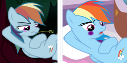 Size: 467x233 | Tagged: safe, edit, edited screencap, imported from derpibooru, screencap, mean rainbow dash, rainbow dash, pegasus, pony, derpibooru, the mean 6, blushing, clone, comparison, cropped, female, forest background, lesbian, mare, meta, on back, spa, straw in mouth, tree, tree branch