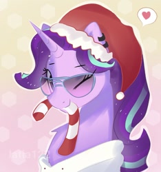 Size: 1101x1178 | Tagged: safe, artist:latia122, imported from derpibooru, starlight glimmer, pony, unicorn, candy, candy cane, chest fluff, christmas, cute, ear piercing, earring, female, food, glimmerbetes, hat, heart, holiday, jewelry, looking at you, mare, mouth hold, one eye closed, pictogram, piercing, santa hat, solo, sunglasses, wink