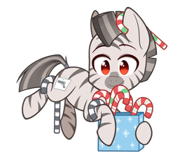 Size: 2000x1750 | Tagged: safe, artist:higgly-chan, imported from derpibooru, oc, oc only, oc:mcmiag, pony, zebra, box, candy, candy cane, chibi, christmas, cute, food, holiday, red eyes, simple background, solo, sticky note, transparent background