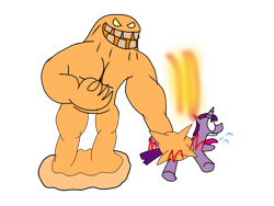 Size: 1024x768 | Tagged: safe, artist:strongbadbrotah, imported from derpibooru, twilight sparkle, pony, unicorn, abuse, antagonist, batman, clayface, evil, evil grin, grin, hero, heroine, lutumkinetic shapeshifting, mutant, smiling, spit, twilybuse, unicorn twilight