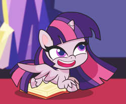 Size: 1223x1007 | Tagged: safe, artist:galacticflashd, imported from derpibooru, twilight sparkle, alicorn, pony, my little pony: pony life, book, female, g4.5, mare, smiling, solo, twilight sparkle (alicorn), twilight's castle, wings