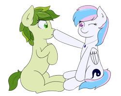 Size: 2443x1930 | Tagged: safe, artist:eyeburn, imported from derpibooru, oc, oc only, oc:flower, oc:starburn, original species, pegasus, plant pony, pony, boop, cute, duo, female, jewelry, mare, necklace, one eye closed, plant, scrunchy face, sitting, wink