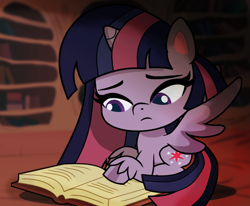 Size: 1223x1007 | Tagged: safe, artist:galacticflashd, imported from derpibooru, twilight sparkle, alicorn, pony, my little pony: pony life, book, cutie mark, depressed, female, g4.5, library, mare, reading, sad, solo, twilight sparkle (alicorn), wings