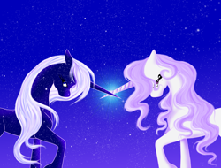 Size: 1852x1404 | Tagged: safe, artist:whitewing1, imported from derpibooru, oc, oc only, pony, unicorn, crossed horns, female, horn, horns are touching, mare, night