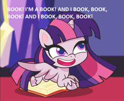 Size: 763x626 | Tagged: safe, artist:galacticflashd, edit, imported from derpibooru, twilight sparkle, alicorn, pony, my little pony: pony life, book, dialogue, female, g4.5, meme, solo, that pony sure does love books, twilight sparkle (alicorn)