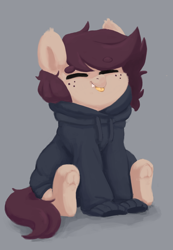 Size: 1908x2758 | Tagged: safe, artist:pucksterv, imported from derpibooru, oc, oc only, oc:slumber tea, pony, clothes, eyes closed, hoodie, simple background, sitting, solo
