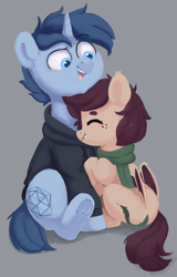 Size: 1959x3058 | Tagged: safe, artist:pucksterv, imported from derpibooru, oc, oc only, oc:slumber tea, oc:tesseract, bat pony, pony, unicorn, clothes, duo, hoodie, hug, scarf, simple background, slumberact, snuggling