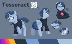 Size: 1920x1195 | Tagged: safe, artist:pucksterv, imported from derpibooru, oc, oc only, oc:tesseract, pony, unicorn, clothes, commission, faic, hoodie, onomatopoeia, panic, rear view, reference sheet, sleeping, solo, sound effects, tired, zzz