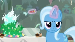 Size: 1920x1080 | Tagged: safe, imported from derpibooru, screencap, trixie, pony, student counsel, equinox cake, female, magic, mare, solo, unamused