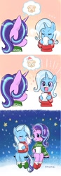 Size: 483x1385 | Tagged: safe, artist:5mmumm5, imported from derpibooru, starlight glimmer, trixie, pony, unicorn, blushing, christmas sweater, clothes, coffee mug, comic, cute, diatrixes, duo, eggnog, facial hair, female, glimmerbetes, mare, moustache, mug, snow, snowflake, sweater