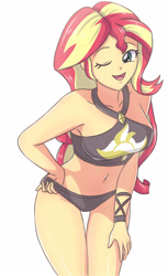 Size: 1399x2283 | Tagged: safe, artist:sumin6301, imported from derpibooru, sunset shimmer, equestria girls, adorasexy, belly button, bikini, breasts, busty sunset shimmer, clothes, cute, female, one eye closed, open mouth, sexy, shimmerbetes, simple background, solo, stupid sexy sunset shimmer, summer sunset, swimsuit, white background, wink