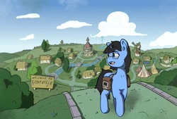 Size: 2131x1443 | Tagged: safe, artist:husdur, imported from derpibooru, oc, oc only, oc:tinker doo, pony, cloud, glasses, looking back, ponyville, ponyville town hall, road, saddle bag, scenery, solo, teary eyes, windmill