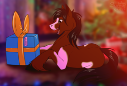 Size: 1459x1000 | Tagged: safe, artist:sunny way, imported from derpibooru, oc, oc only, earth pony, pony, christmas, christmas tree, gift box, happy, holiday, male, new year, open mouth, present, smiling, solo, stallion, tree