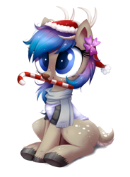 Size: 1095x1489 | Tagged: safe, artist:confetticakez, imported from derpibooru, part of a set, oc, oc only, deer, antlers, candy, candy cane, christmas, clothes, commission, cute, deer oc, doe, female, flower, flower in hair, food, hat, holiday, mare, mouth hold, ocbetes, santa hat, scarf, shirt, simple background, sitting, solo, white background, ych result