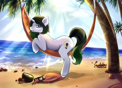 Size: 4000x2896 | Tagged: safe, artist:raranfa, imported from derpibooru, oc, oc only, oc:vex vixen, pony, unicorn, beach, black rose, hammock, ocean, palm tree, sand, solo, tree