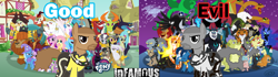 Size: 2384x670 | Tagged: safe, artist:amigogogo, artist:kayman13, edit, imported from derpibooru, ahuizotl, applejack, chimera sisters, cozy glow, daring do, daybreaker, discord, doctor caballeron, fido, fluttershy, grogar, iron will, kevin (changeling), king sombra, lord tirek, mane-iac, manny roar, nightmare moon, pinkie pie, princess cadance, princess celestia, princess luna, queen chrysalis, rainbow dash, rarity, rover, spike, spot, starlight glimmer, tempest shadow, thorax, trixie, twilight sparkle, bugbear, centaur, changedling, changeling, changeling queen, chimera, cockatrice, dragon, griffon, hippogriff, hydra, manticore, minotaur, pony, pukwudgie, yak, antagonist, cole macgrath, evil, female, good, hero, infamous, kevin, king thorax, logo, logo edit, male, mane seven, mane six, multiple heads, my little pony logo, protagonist, reformed four, royal sisters, stallion, text, three heads, villian, wrong aspect ratio