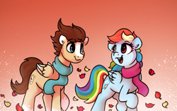 Size: 1920x1209 | Tagged: safe, artist:thefloatingtree, imported from derpibooru, rainbow dash, oc, oc:skittle, pegasus, autumn, canon x oc, clothes, coat markings, commission, cute, female, leaves, male, mare, scarf, shipping, simple background, skidash, smiling, stallion, walking