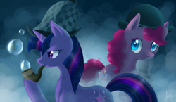 Size: 1147x667 | Tagged: safe, artist:lightning-stars, artist:ls_skylight, imported from derpibooru, pinkie pie, twilight sparkle, earth pony, pony, unicorn, mmmystery on the friendship express, bowler hat, bubble, bubble pipe, deerstalker, fog, hat, pipe, sherlock, sherlock hat, sherlock holmes, unicorn twilight, watson