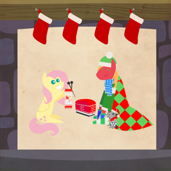 Size: 2000x2000 | Tagged: safe, anonymous artist, imported from derpibooru, big macintosh, fluttershy, smarty pants, pony, series:12 days of hearth's warming, series:fm holidays, 12 days of christmas, blanket, border, christmas, christmas stocking, clothes, dexterous hooves, eyes closed, female, fireplace, fluttermac, hat, hearth's warming, holiday, hoof hold, knitting, knitting needles, male, mittens, pointy ponies, santa hat, scarf, shipping, sitting, smiling, socks, straight, sweater, texture, toaster, toaster cozy, twelve days of christmas