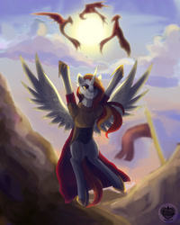 Size: 1200x1500 | Tagged: artist needed, safe, imported from derpibooru, oc, oc only, oc:king phoenix, alicorn, phoenix, pony, alicorn oc, flying, horn, male, solo, spread wings, stallion, wings