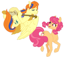 Size: 1021x915 | Tagged: safe, artist:whalepornoz, imported from derpibooru, tex, oc, oc:rosie, earth pony, pegasus, pony, bandana, banjo, braid, eyes closed, flying, freckles, g1, g1 to g4, g4, generation leap, musical instrument, offspring, parent:apple bloom, parent:cherry jubilee, parent:tender taps, parents:tenderbloom, simple background, transparent background