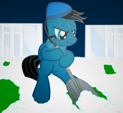 Size: 3600x3300 | Tagged: safe, artist:agkandphotomaker2000, imported from derpibooru, oc, oc only, oc:pony video maker, pegasus, pony, bipedal, clearing, clothes, entrance, grass, grass field, male, scarf, snow, snow hat, snow shovel, solo, sweat, winter hat