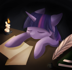 Size: 872x845 | Tagged: safe, artist:lightning-stars, artist:ls_skylight, imported from derpibooru, twilight sparkle, pony, asleep on the job, book, candle, female, inkwell, quill, sleeping, solo, tired