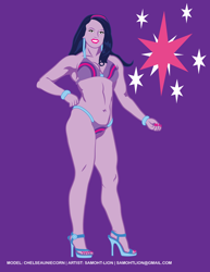 Size: 2550x3300 | Tagged: safe, artist:samoht-lion, imported from derpibooru, twilight sparkle, equestria girls, armpits, bikini, clothes, cutie mark background, female, grin, hand on hip, high heels, lipstick, nail polish, shoes, smiling, solo, swimsuit, uncanny valley