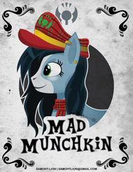 Size: 2550x3300 | Tagged: safe, artist:samoht-lion, imported from derpibooru, oc, oc only, oc:mad munchkin, pony, bust, clothes, ear piercing, earring, hat, jewelry, piercing, scarf, smiling, solo, text