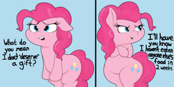 Size: 6000x3000 | Tagged: safe, artist:airsicksubset, artist:blitzyflair, imported from derpibooru, pinkie pie, earth pony, pony, 2 panel comic, comic, crossed arms, cute, dialogue, diapinkes, fat, female, floppy ears, mare, open mouth, ponk, simple background, solo, text