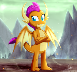 Size: 1871x1742 | Tagged: safe, artist:the-butch-x, imported from derpibooru, smolder, dragon, crossed arms, dragoness, dreamworks face, female, looking at you, smiling, solo