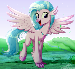 Size: 1871x1742 | Tagged: safe, artist:the-butch-x, imported from derpibooru, silverstream, classical hippogriff, hippogriff, cheerful, claws, cute, diastreamies, excited, female, jewelry, looking at you, necklace, open mouth, pearl necklace, quadrupedal, smiling, solo, spread wings, talons, teenager, unshorn fetlocks, walking, wings