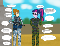 Size: 1700x1300 | Tagged: safe, artist:chittatos, imported from derpibooru, sci-twi, twilight sparkle, human, equestria girls, angry, assault rifle, camouflage, crossover, diner dash, english, flo (diner dash), gun, rifle, skat 9m armor, speech bubble, weapon