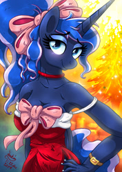 Size: 920x1300 | Tagged: safe, artist:joakaha, imported from derpibooru, princess luna, anthro, alternate hairstyle, armpits, bare shoulders, bow, breasts, busty princess luna, christmas, cleavage, clothes, cute, dress, female, hair bow, hand on hip, holiday, lidded eyes, looking at you, lunabetes, ponytail, smiling, solo