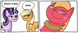 Size: 960x408 | Tagged: safe, artist:gamedevanon, edit, imported from derpibooru, applejack, big macintosh, starlight glimmer, earth pony, pony, unicorn, 2 panel comic, comic, communism, hammer and sickle, horn, implied applemac, implied incest, implied shipping, implied straight, incest, looking at you, meme, ponified, ponified meme, stalin glimmer, stonetoss