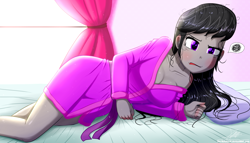 Size: 1960x1120 | Tagged: safe, artist:the-butch-x, imported from derpibooru, octavia melody, equestria girls, annoyed, bathrobe, bed, bed hair, bedroom, breasts, cleavage, clothes, curtains, female, messy hair, robe, sexy, signature, solo, waking up