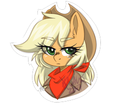 Size: 1163x975 | Tagged: safe, artist:ltlka55, artist:scarletsfeed, imported from derpibooru, applejack, earth pony, pony, clothes, collaboration, eye clipping through hair, female, hat, looking at you, mare, solo, speedpaint, sticker