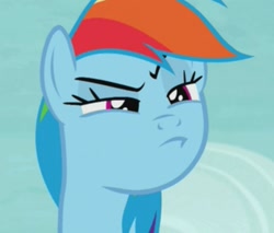 Size: 921x786 | Tagged: safe, imported from derpibooru, screencap, rainbow dash, pegasus, pony, tanks for the memories, cropped, female, mare, narrowed eyes, rainbow dash is best facemaker, raised eyebrow, solo
